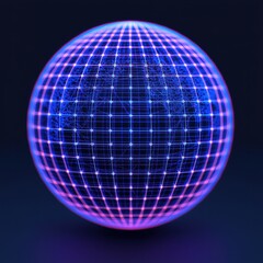 Obraz premium A glowing sphere with a grid pattern, radiating vibrant blue and pink hues against a dark background, creating a futuristic and digital aesthetic.