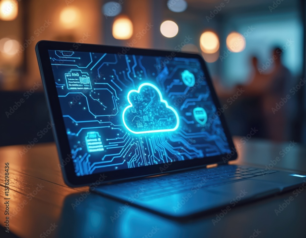 Poster digital tablet displays cloud computing icon, iot devices representing smart tech. cloud storage, da