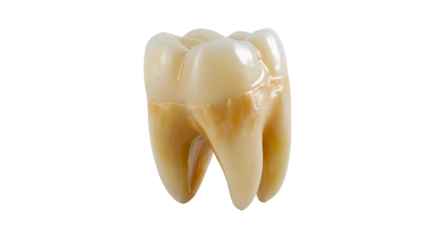 A classic extracted human tooth, an anatomical depiction of a fully extracted tooth with signs of progressive decay, set against a transparent background.