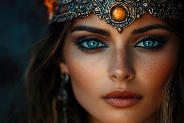 Fototapeta premium Portrait of attractive young woman wearing fantasy headdress and earrings showing amazing blue eyes
