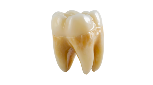 A classic extracted human tooth, an anatomical depiction of a fully extracted tooth with signs of progressive decay, set against a transparent background.