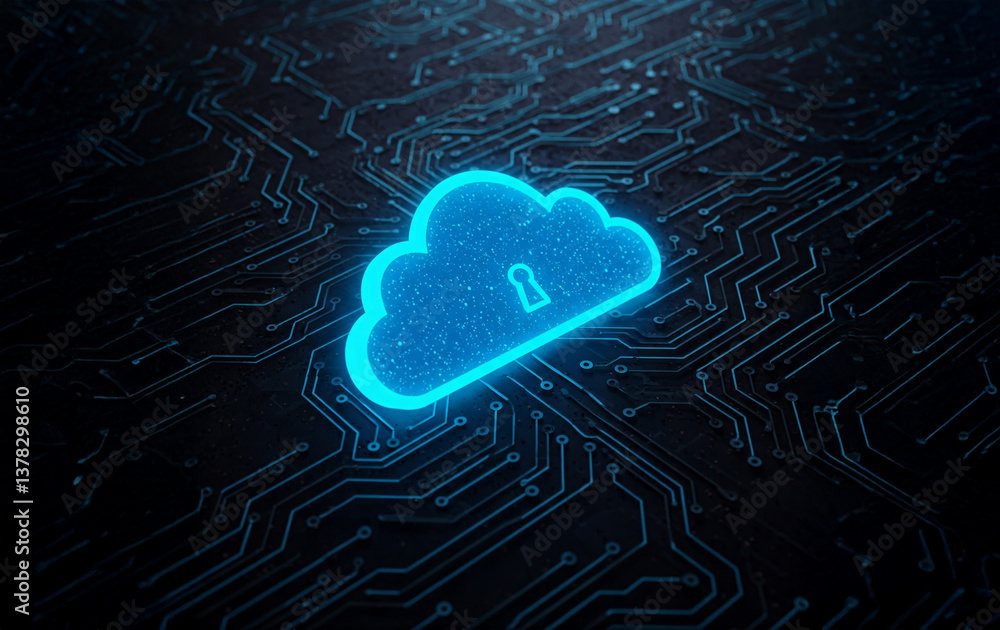 Aufkleber glowing blue cloud icon with keyhole on dark circuit board background, symbolizing cloud computing s