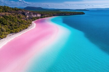 Fototapeta premium Pink beach meeting turquoise water in a tropical paradise