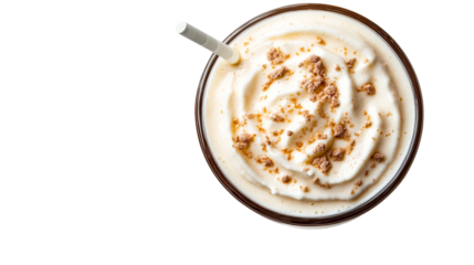 Milkshake with toppings overhead shot, brown dessert, cut out transparent