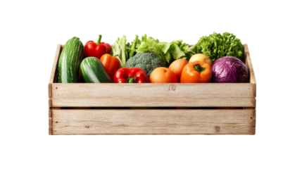 Fresh vegetables in wooden crate on black background, cut out transparent