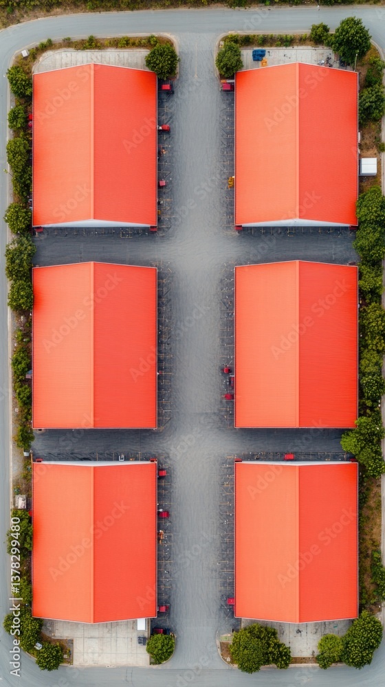 Poster aerial view of several buildings with bright red roofs, organized in a grid layout surrounded by gre