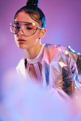 Stylish woman embodies futuristic fashion with holographic colors in vibrant backdrop