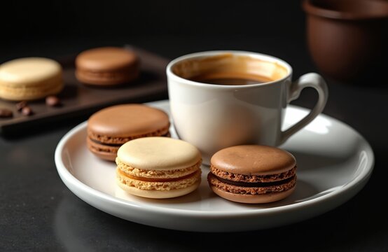 Espresso coffee in white cup with plate of colorful macarons. Sweet desserts with espresso. Coffee shop, cafe menu or breakfast. Gourmet food, caffeine drink.