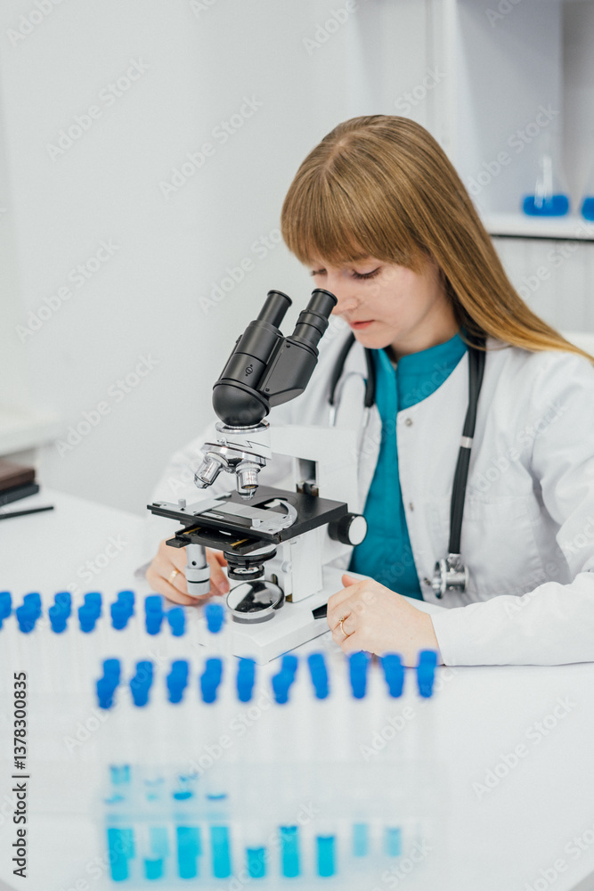 Aufkleber female scientist wearing white lab coat is working attentively with  microscope in  laboratory. Blue test tubes are arranged in the foreground, creating a dynamic perspective. 