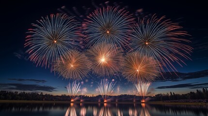 Fototapeta premium Spectacular Fireworks Display over Calm Lake at Night vibrant colors exploding in the twilight sky reflecting beautifully on the water s surface