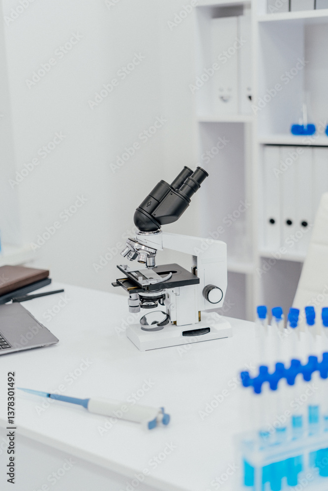 Poster modern laboratory featuring powered microscope positioned on clean white table. Surrounding microscope are test tubes filled with blue liquid and pipette, indicating active scientific research
