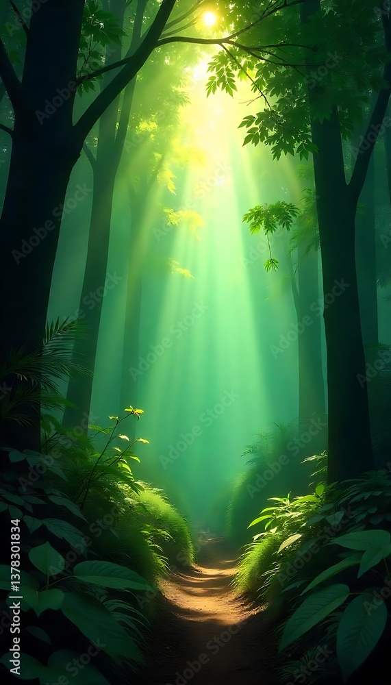 Poster generative ai forest path bathed in radiant sunlight with lush greenery, creating a serene and encha