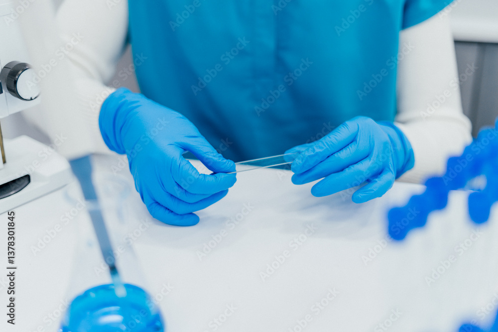 Poster Closeup scientists hands wearing blue gloves, carefully holding transparent microscope slide. image focuses on precision and attention to detail required in laboratory work, with laboratory background