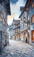 Naklejka premium Village sketch: street European charm, scenic composition, architectural detail, artistic vision, watercolor touch, rustic scenery, cobblestone road, delicate hues, timeless portrayal.