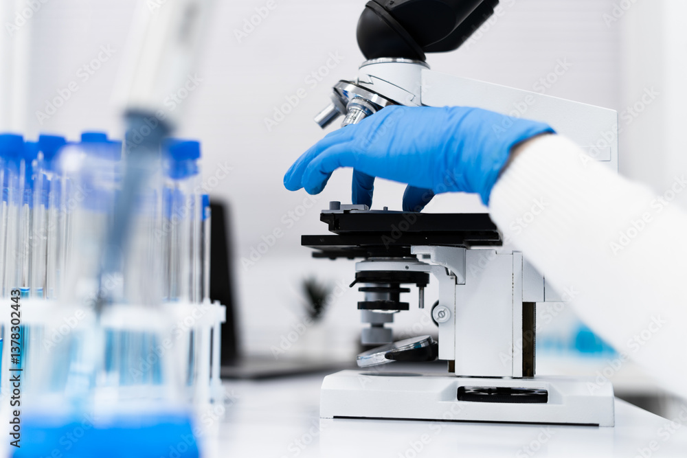 Poster laboratory scene showcasing researcher or medical professional using microscope, precision scientifi