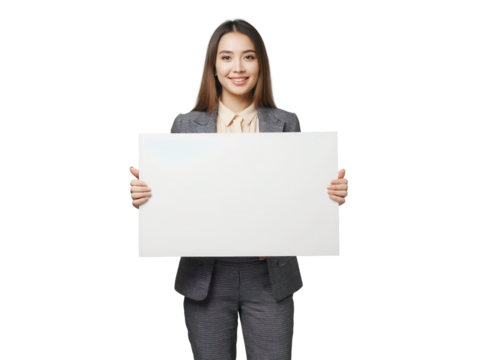 Businessfrau im Anzug mit leerem Schild in den Händen PNG mit transparentem Hintergrund