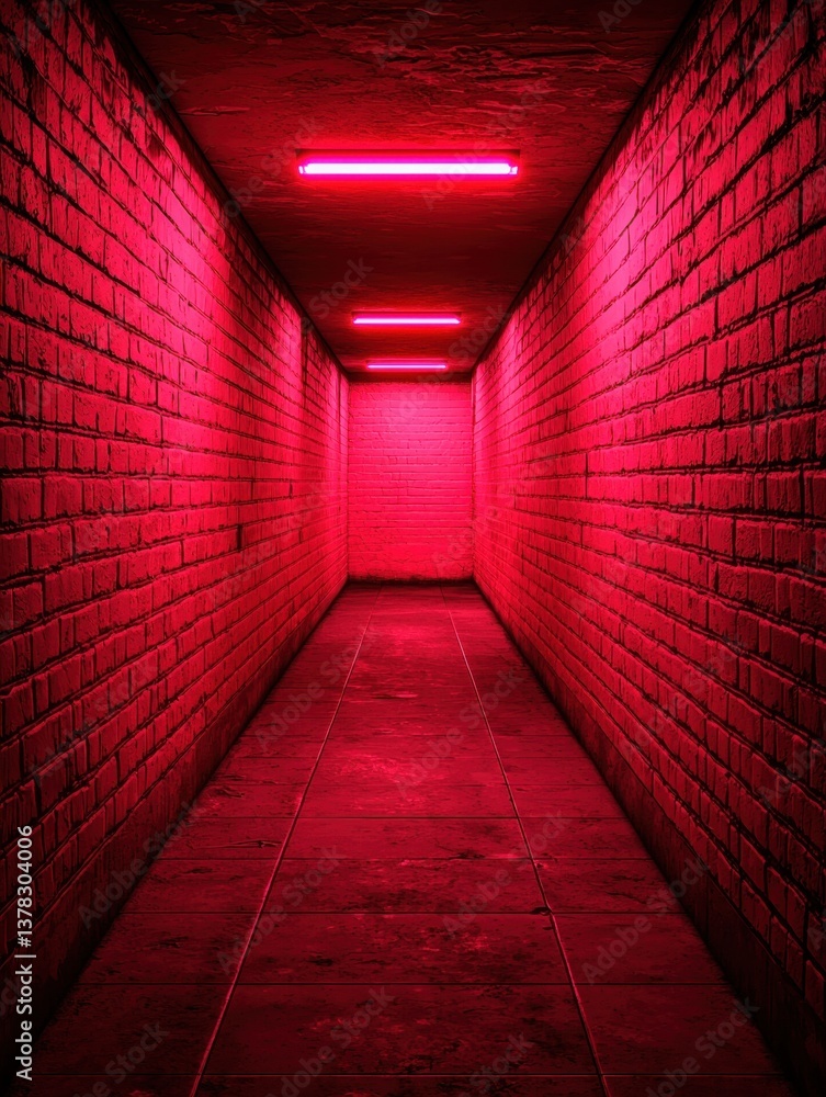 Poster a dimly lit corridor illuminated by vibrant red neon lights, creating a moody and atmospheric settin