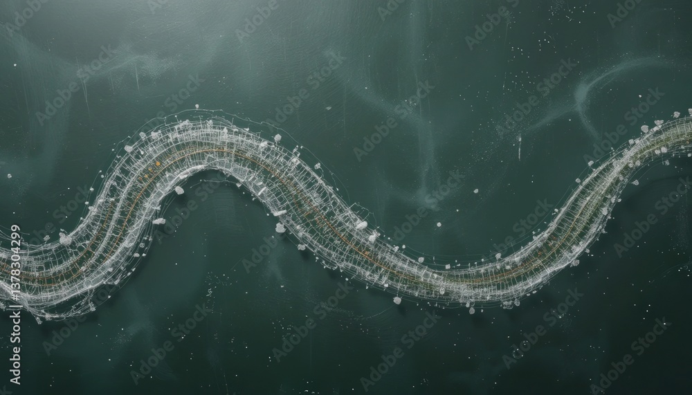 Poster exploring fluid dynamics in abstract art science lab digital artwork aquatic environment aerial view