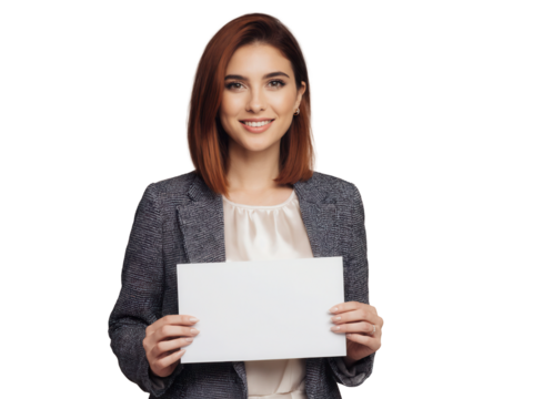 Businessfrau im Anzug mit leerem Schild in den Händen PNG mit transparentem Hintergrund