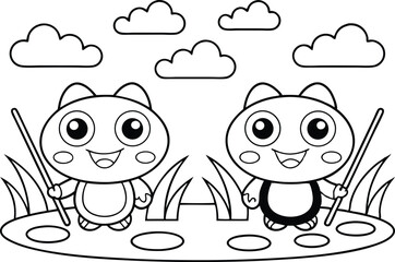 Adorable Cartoon Characters with Clouds in Outline Style on White Background