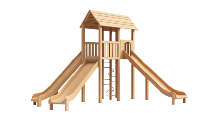 Two-Slide Wooden Playset Structure, Black Background, cut out transparent