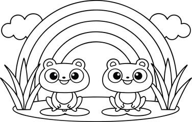 Cute Outlined Frogs with Rainbow and Clouds on White Background