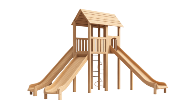 Two-Slide Wooden Playset Structure, Black Background, cut out transparent