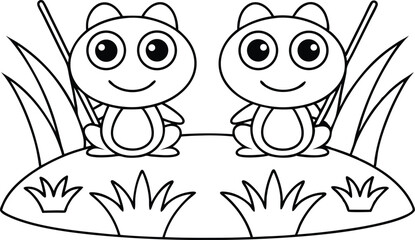 Cartoon Two Bears Outline Style with Grass Transparent Background