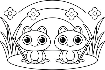 Outline Cute Cartoon Frogs with Fishing Rods Rainbow Flowers and Transparent Background