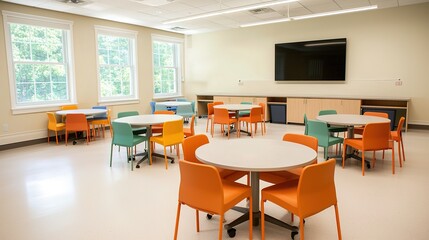 Educational classroom setup school environment interior design natural light modern view learning atmosphere