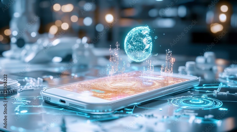 Poster glowing digital data streams emerging from smartphone on metallic surface