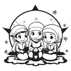  Cute Muslim Children Reading Quran Together During Ramadan Night with Lantern and Stars in Background, Black and White Vector Illustration of Islamic Spiritual Scene