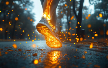 A runner is moving swiftly along a misty path surrounded by trees. Glowing effects highlight the runner's legs, creating a vibrant contrast with the fallen autumn leaves