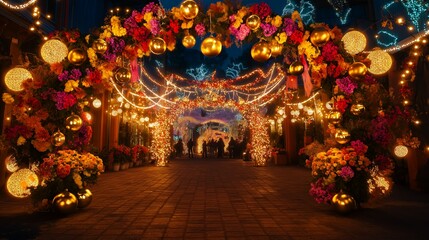 Fototapeta premium Magical Festive Street Decorated with Vibrant Flowers and Golden Lights at Night creating a warm enchanting atmosphere with soft lighting and a blurred background