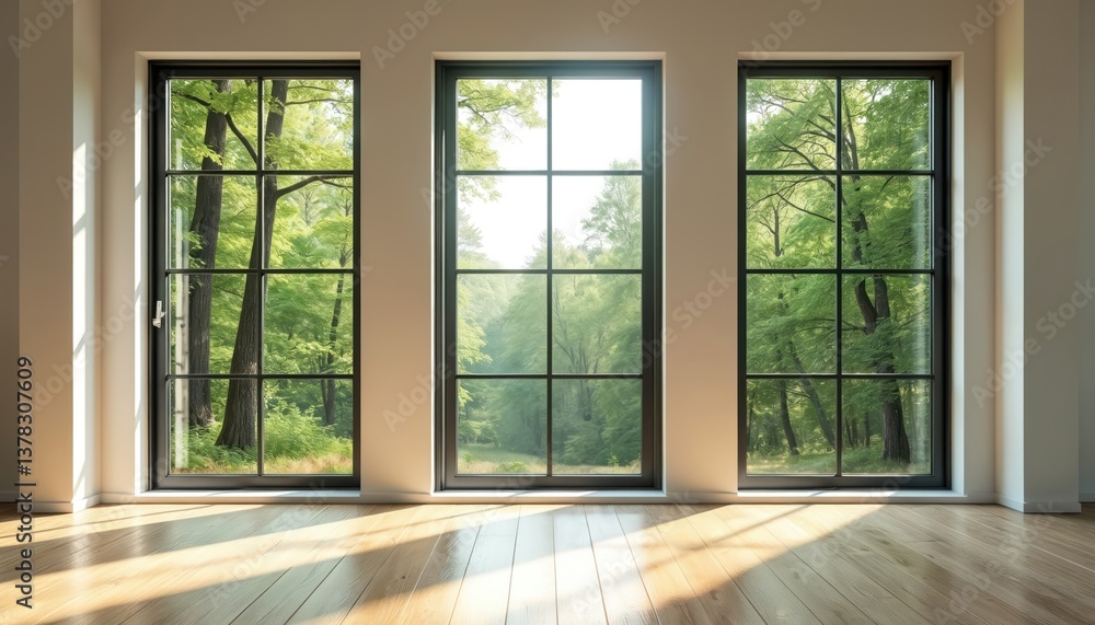 Poster three large windows offer serene forest views. daylight streams through trees creating bright space.