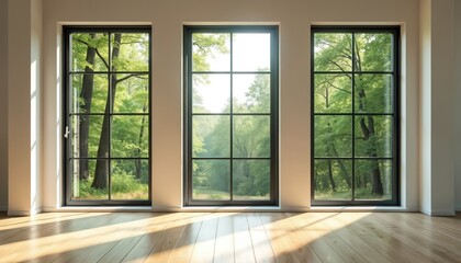 Three large windows offer serene forest views. Daylight streams through trees creating bright space. Wooden floor and simple interior design give feeling of calmness and peaceful retreat.
