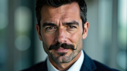 Fototapeta premium Confident businessman with styled mustache in corporate office hallway setting.