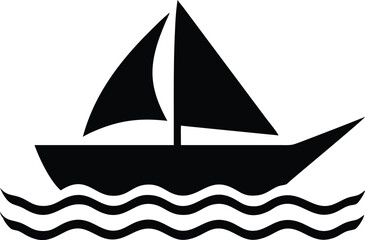 Sailboat Sailing on Water Waves Black Silhouette Isolated Design on Transparent