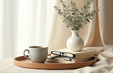 AI-generated still life composition features cup of coffee, books, glasses on tray. Soft daylight. Home decor with plants, vase, neutral tones. Relaxing morning, cozy reading. Perfect background for