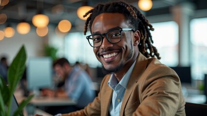 Naklejka premium Smiling professional man working on laptop in modern office workspace..