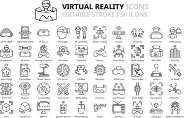 Virtual Reality Icon Set : 50 Immersive Outline Vector Icons in Black (EPS Included)