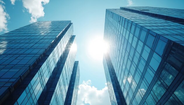 Modern corporate business district architecture. Tall glass skyscrapers reflecting blue sky, sun. Financial center in urban cityscape, symbol of business, finance, technology, innovation. Corporate