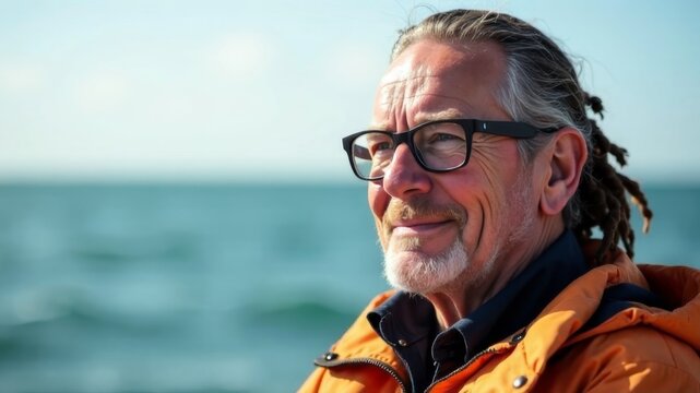Portrait of smiling senior man with glasses and dreadlocks by the sea coast. - Powered by Adobe