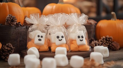 Halloween candy table with mini bags filled with ghost marshmallows
