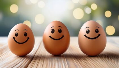 three eggs with smiling faces are arranged on a table