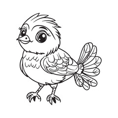  Cute cartoon bird line drawing for kids coloring book or educational material – hand-drawn animal illustration with big eyes and feather details in black and white