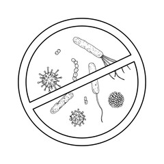 Black and white vector illustration with white background. Hand drawn isolated objects in line art technique. Antimicrobial sign, features a prohibition symbol against bacteria, viruses, and fungi © Ekaterina