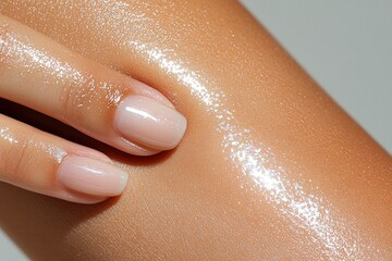Fototapeta premium Close up of Woman's Hand Applying Shimmering Body Lotion Soft Skin and Elegant Nails
