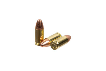 Three 9mm bullets with copper tips and brass casings, isolated on a white background.