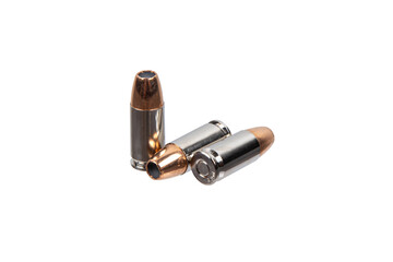 Three hollow-point bullets featuring copper jackets and silver cores, neatly arranged on a white...